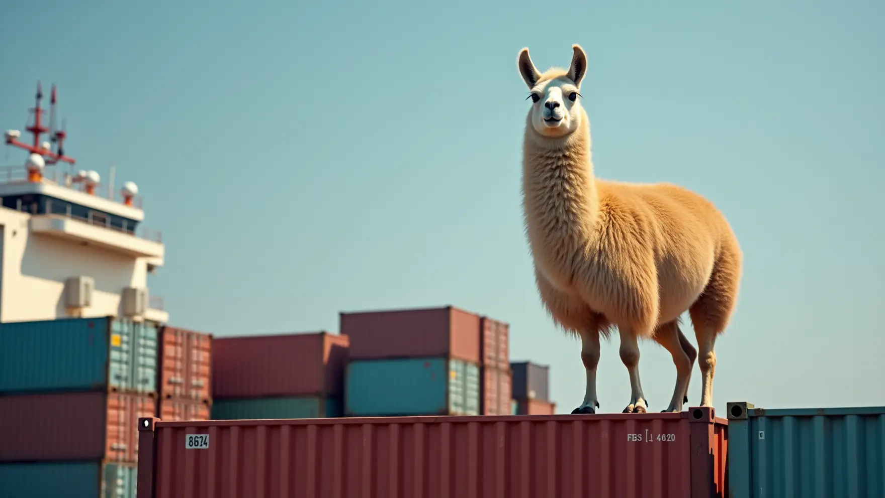 An AI-generated image using the flux-dev model and the prompt " A realistic photo of a llama standing on a container ship"