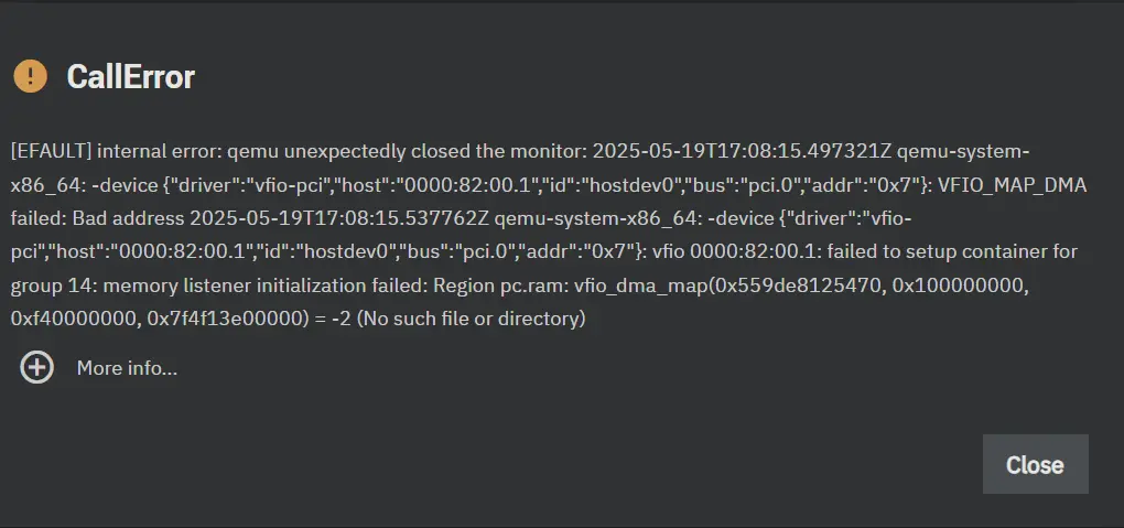 A screenshot of a VFIO_MAP_DMA error error when trying to boot a QEMU VM with an attached GPU in TrueNAS